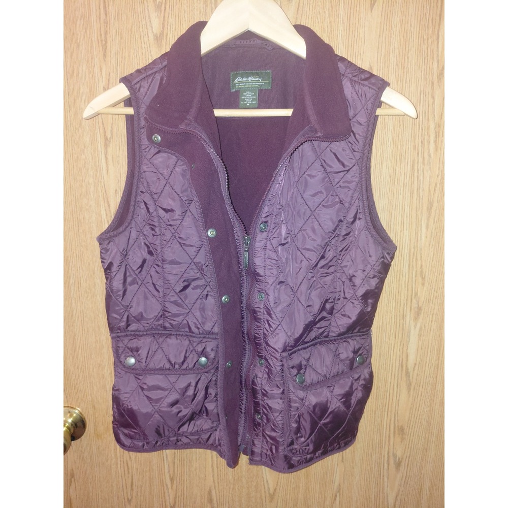 Eddie Bauer Womens Plum Purple Quilted Fleece Lined Vest Full Zip Snap Pockets M